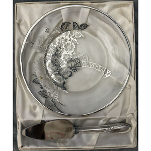 Vintage Web Sterling Silver Handle Cake Knife Plate Set Blade 25th Anniversary